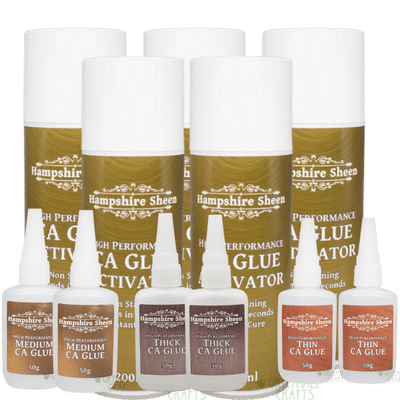 Ultimate CA superglue collection including thin CA, medium CA, Thick CA and CA glue activator from Hampshire Sheen